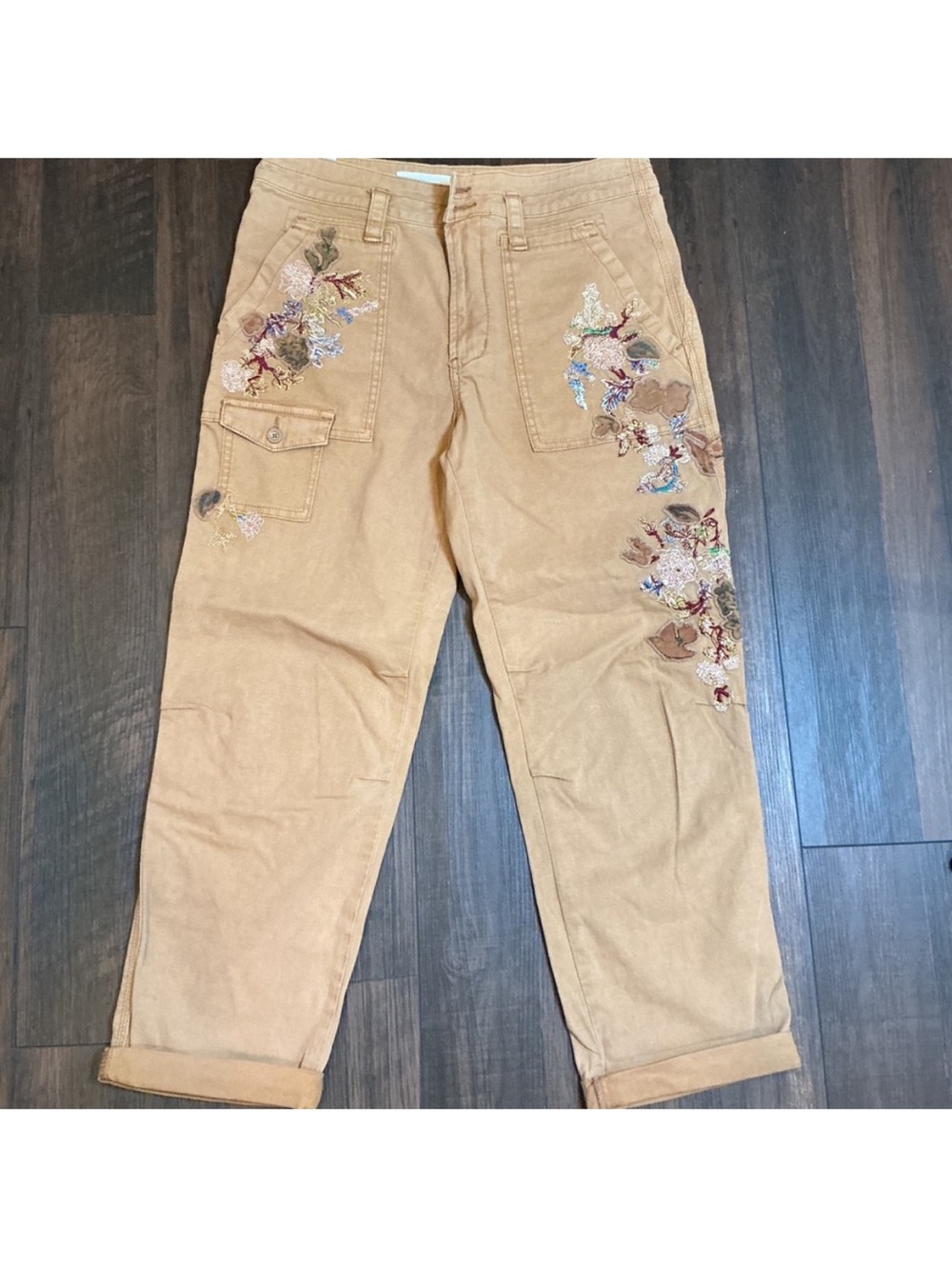 Anthropologie Tan Embroidered Cargo Trousers